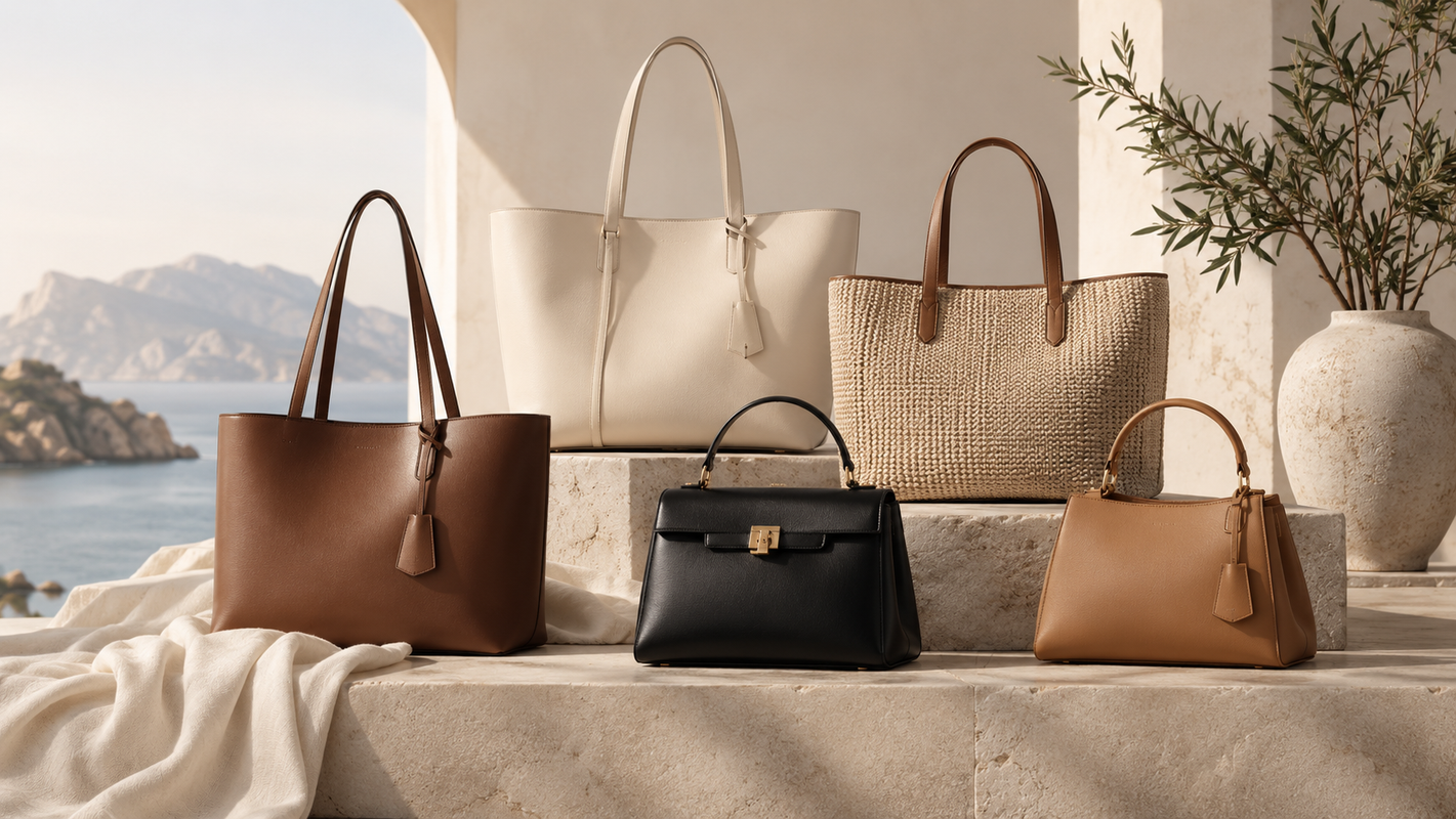 Five handbags in assorted colors and materials are arranged on stone steps outdoors, with a coastal scene visible in the background. The bags include a large cream tote, a woven beige tote, a brown leather tote, a black structured top-handle bag, and a tan top-handle bag with a tassel.